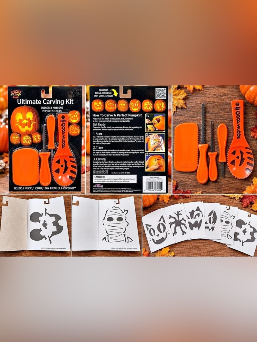 New Pumpkin Ultimate Carving Kit w/ 6 Stencils Goop Scoop Saw Halloween
